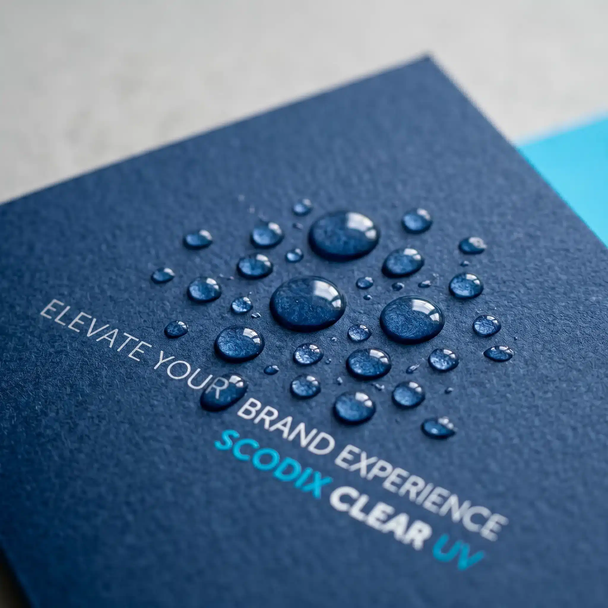 Scodix clear UV texture, water droplets on blue surface Water droplets bead on a deep blue surface, creating a glossy clear UV texture effect with sharp reflections and visible branded lettering.