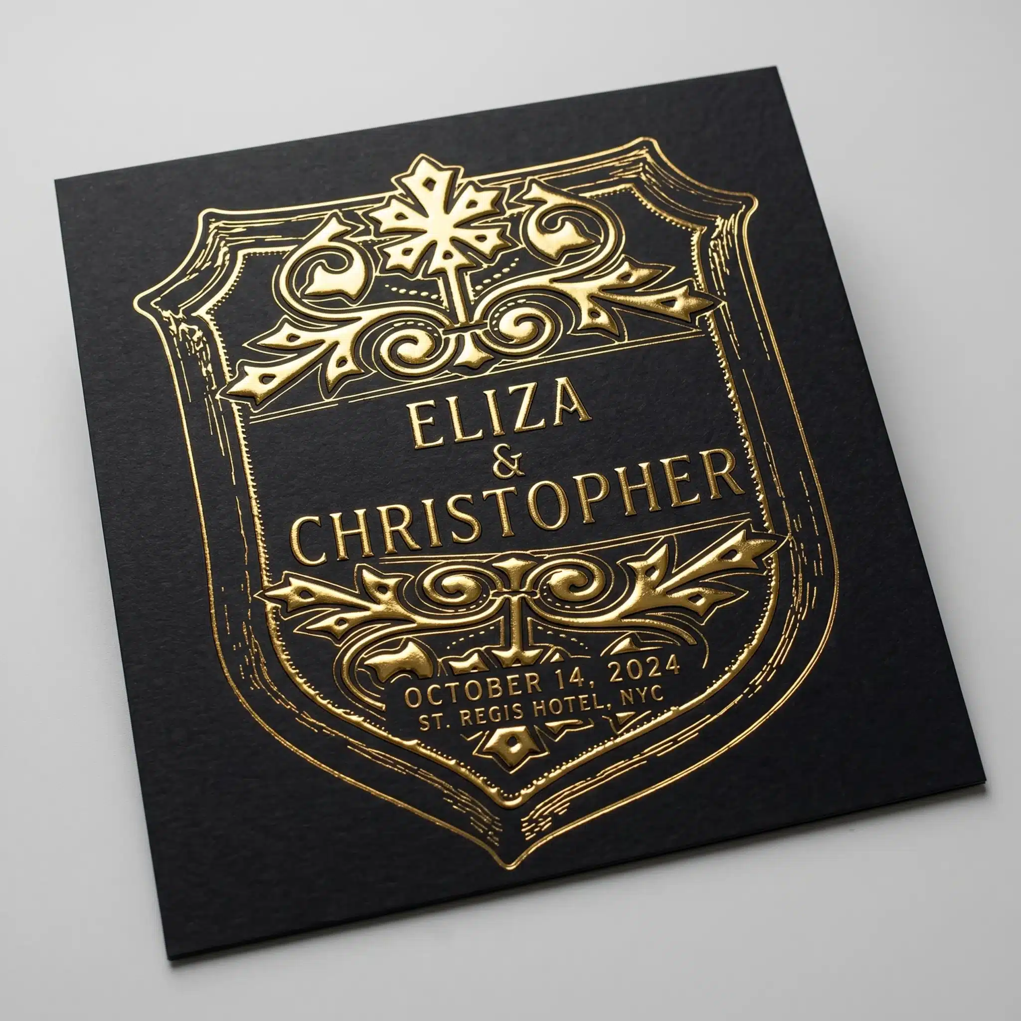Scodix gold foil, black wedding invitation with Eliza & Christopher, NYC St. Regis A black and gold Scodix wedding invitation card showing “ELIZA & CHRISTOPHER” with “OCTOBER 14, 2024” and “ST. REGIS HOTEL, NYC”.