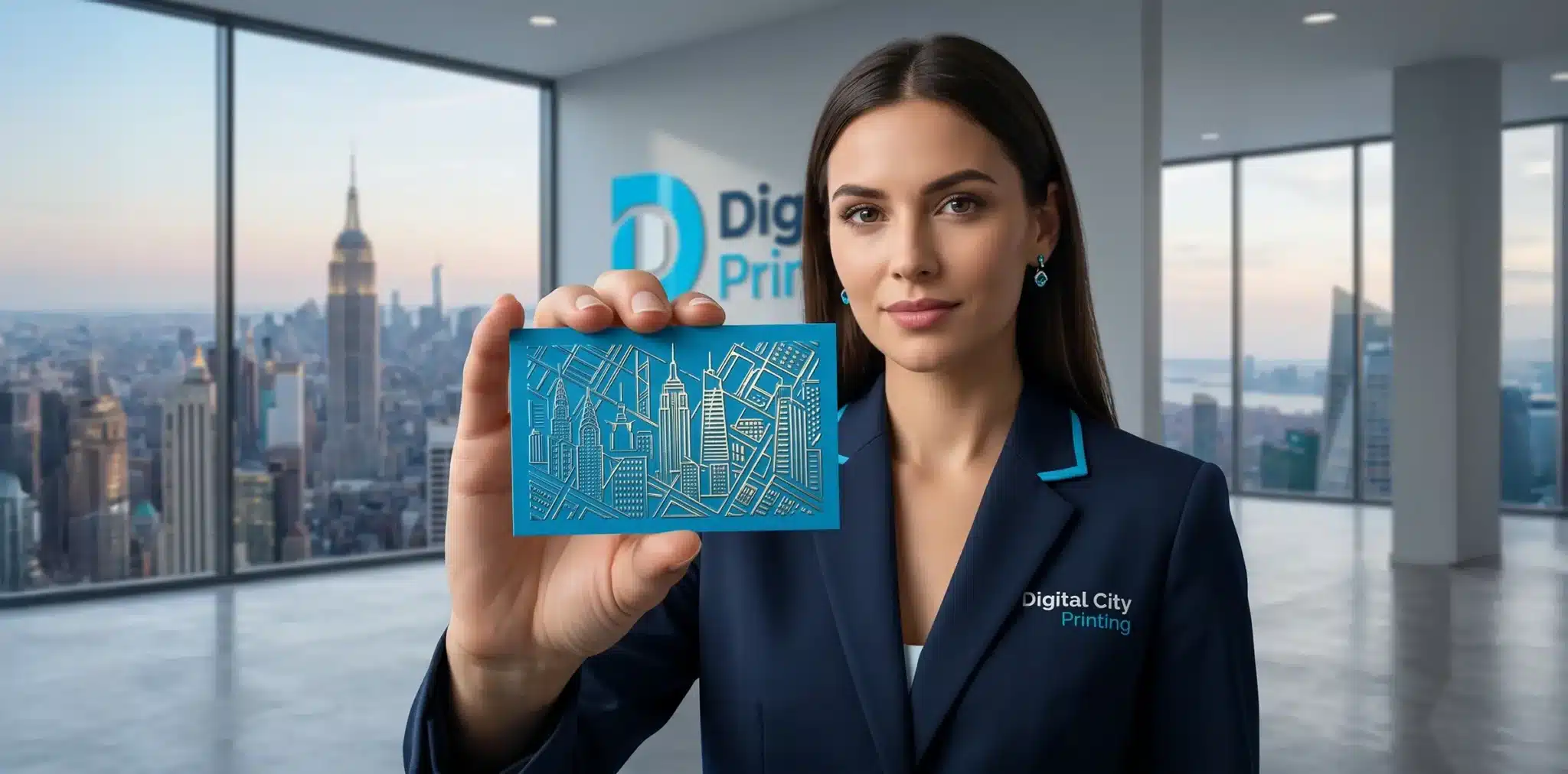 scodix-printing-nyc Close-up of a woman holding a blue NYC-themed card with skyline line art, with scodix printing branding in a modern office