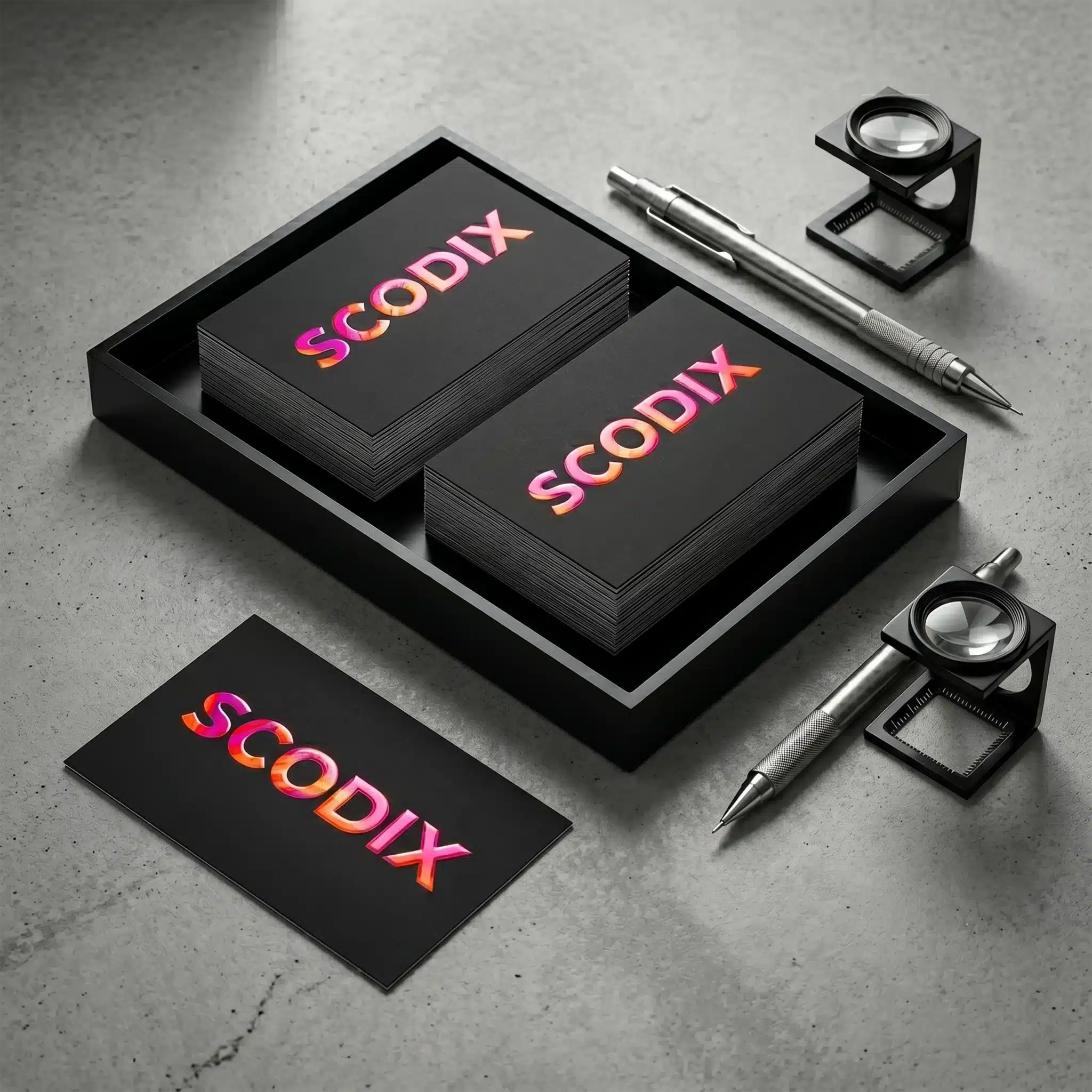 scodix business cards, black with pink-orange gradient text Black business cards with prominent “scodix” lettering in a pink-to-orange gradient, stacked with pens and tools on a concrete surface.