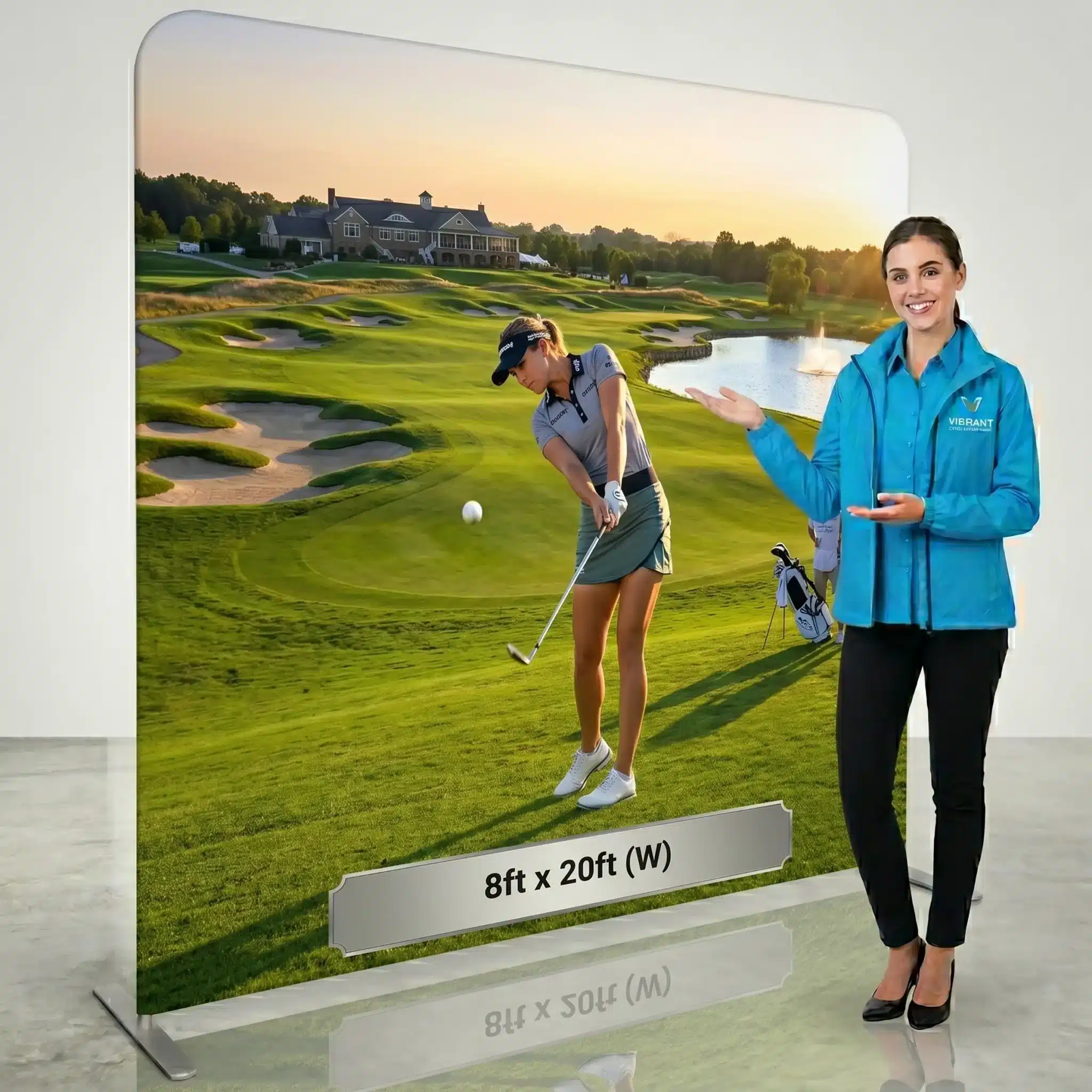 Golf-themed fabric display stand, 8ft x 20ft backdrop with presenter A golf course backdrop fills a Swift fabric display stand, with a golfer mid-swing and a presenter in a blue shirt standing beside the 8ft x 20ft graphic.