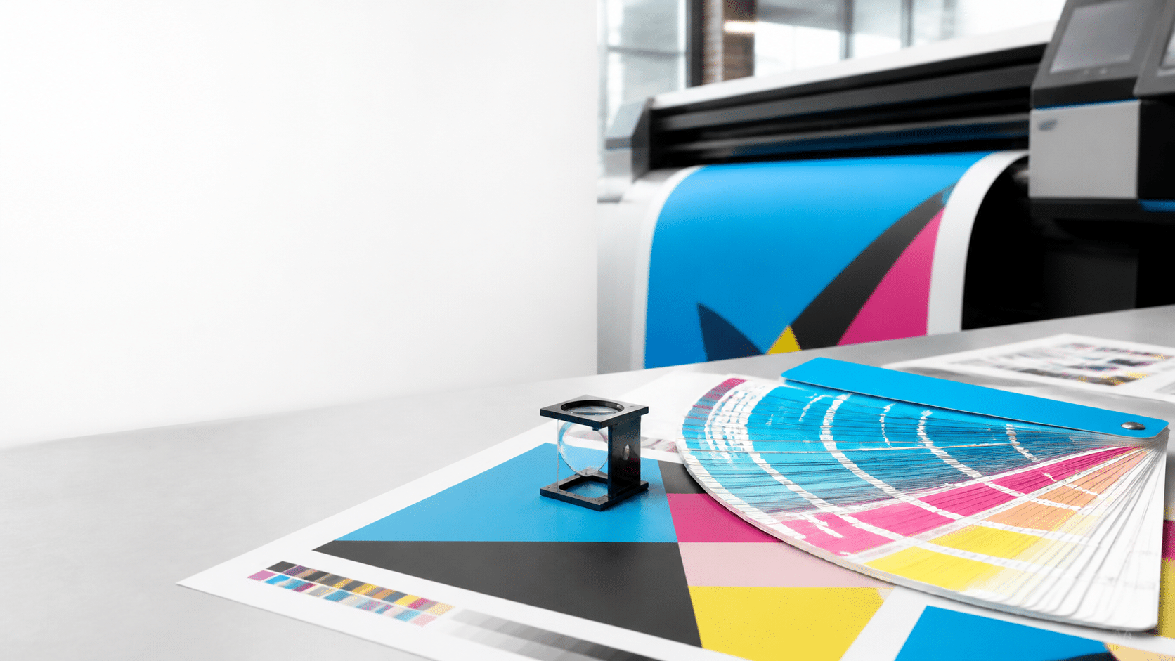 Pantone Color System (PMS) A large-format printer produces colorful graphics beside an open Pantone PMS color chart for trade show printing.