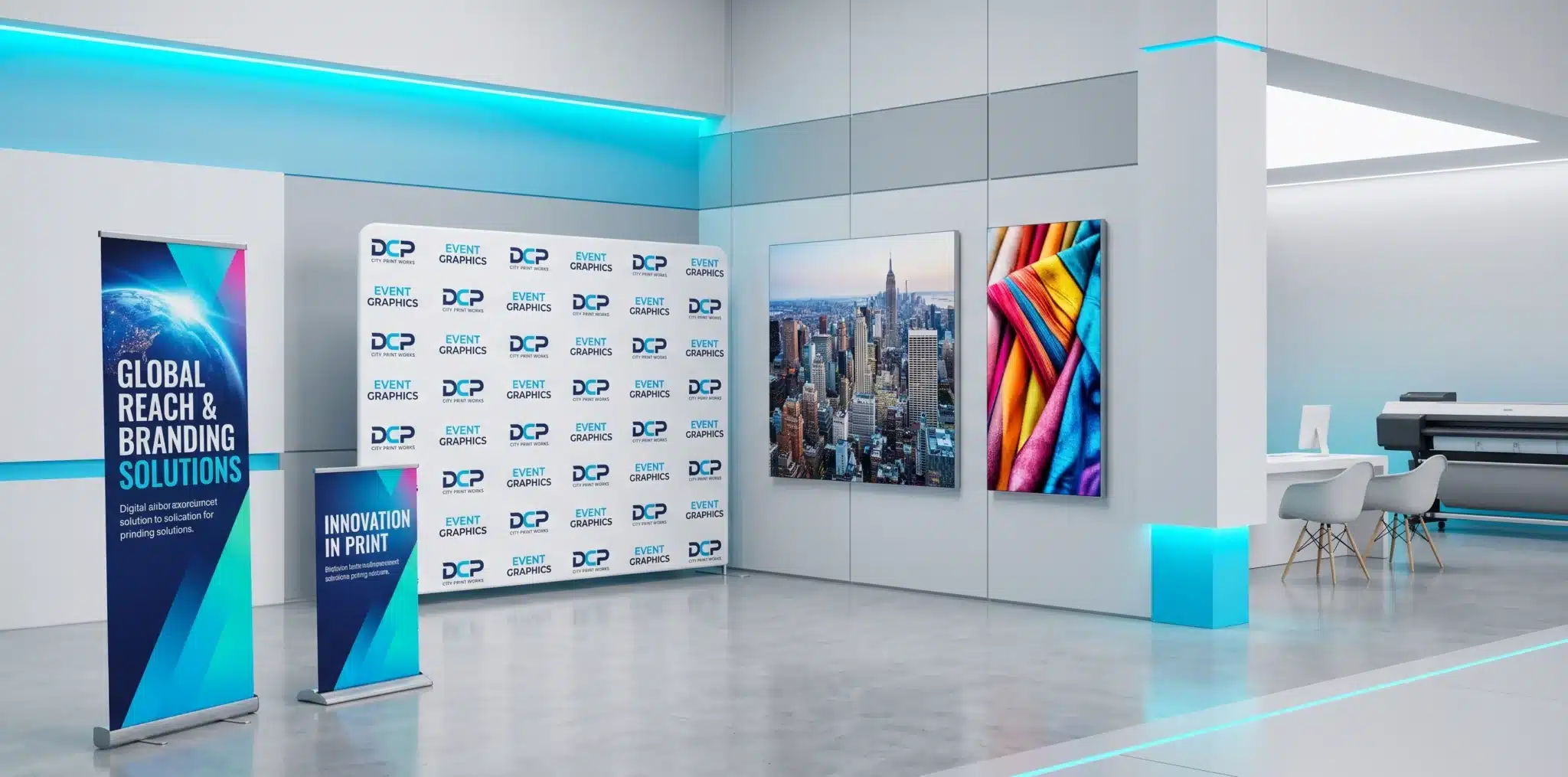 Modern digital printing showroom with retractable banners, step-and-repeat backdrop, and large format city and fabric prints. Modern digital printing showroom with retractable banners, step-and-repeat backdrop, and large format city and fabric prints.