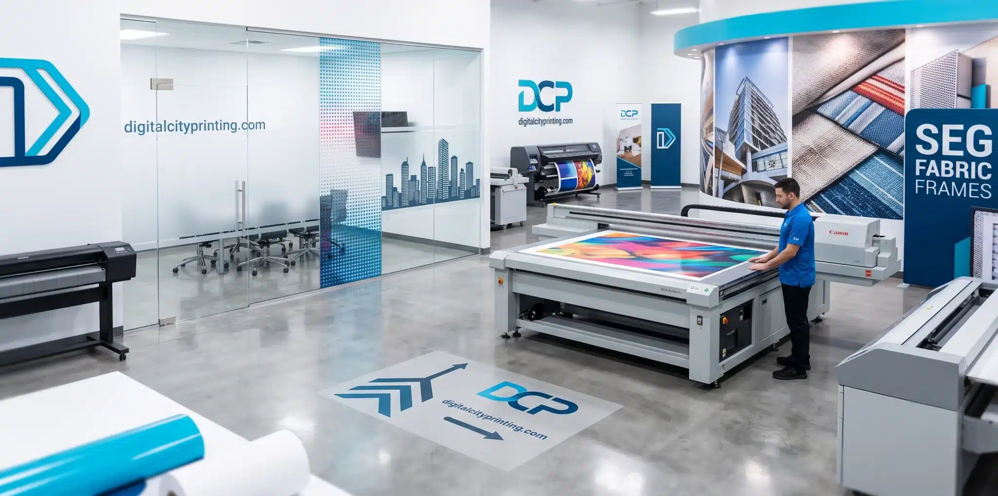 Showcasing Digital City Printing’s Large Format Graphic Solutions Wide-angle hero image of Digital City Printing showroom featuring examples of window graphics, a SEG fabric frame wall graphic, and a floor graphic, with an operator working a large-format flatbed printer.