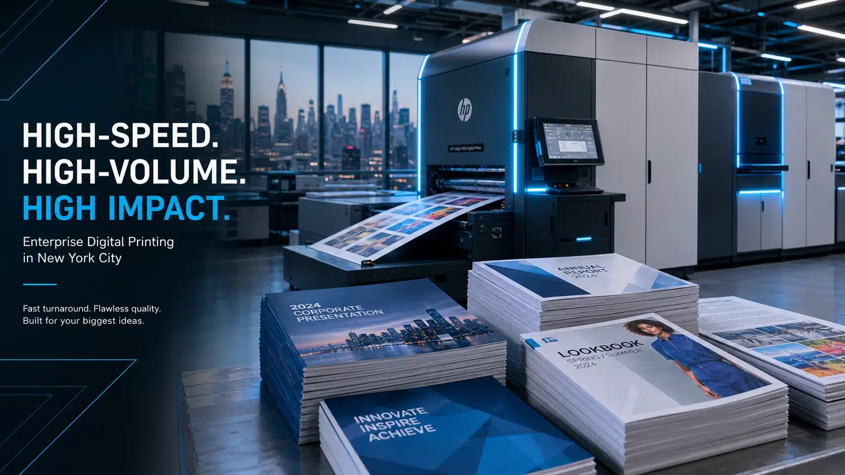 Commercial printing produces stacked brochures beside an HP Indigo 15K press in a New York City production facility.