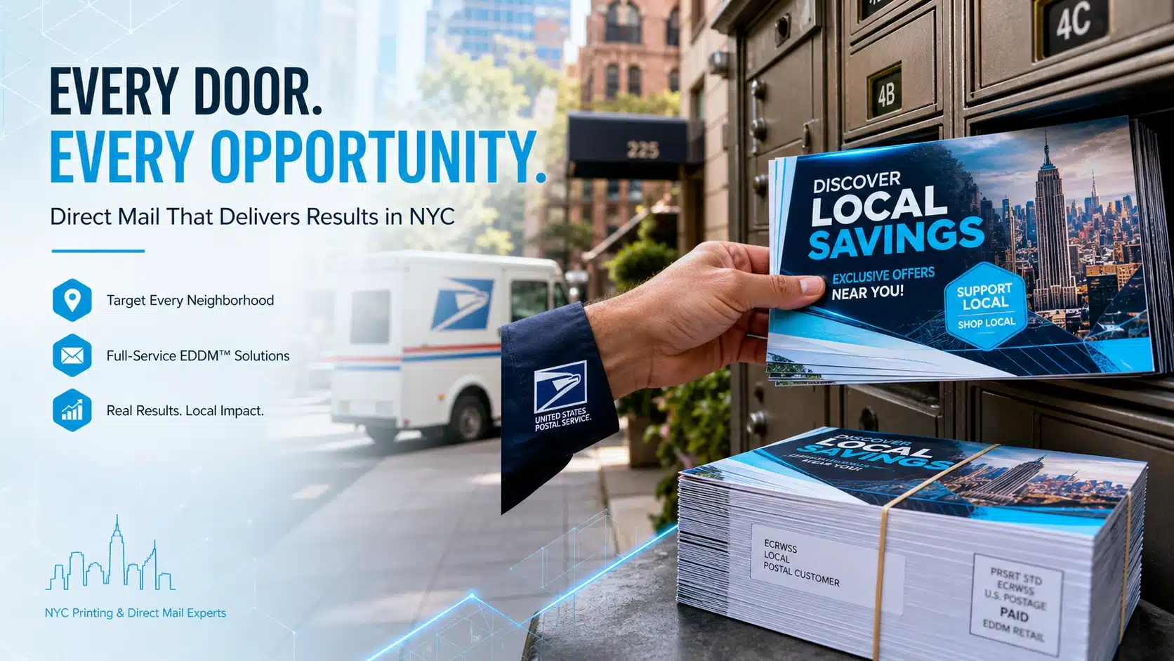 Printed EDDM mailers show Every Door Every Opportunity beside bundled postcards and a carrier delivering direct mail in NYC