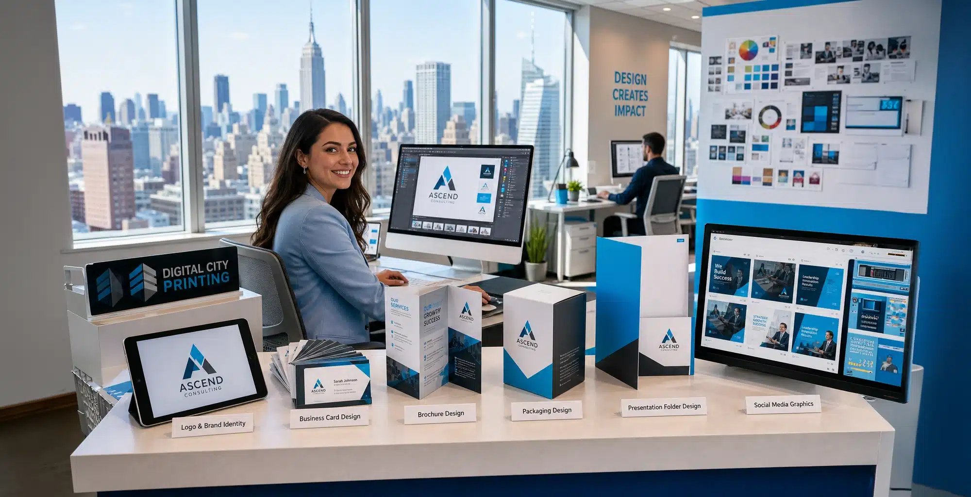 Professional Graphic Design Display with NYC Skyline and Print Samples Graphic Design team presents Digital City Printing materials beside branded samples and a Manhattan skyline in New York City