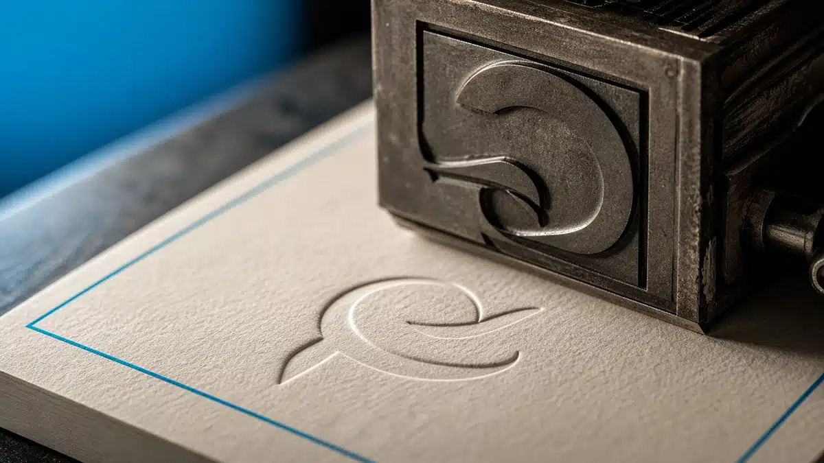 Tactile Letterpress Impression with Raised Metal Printing Block A raised metal letterpress block presses a curved mark into textured paper, leaving a crisp tactile impression.