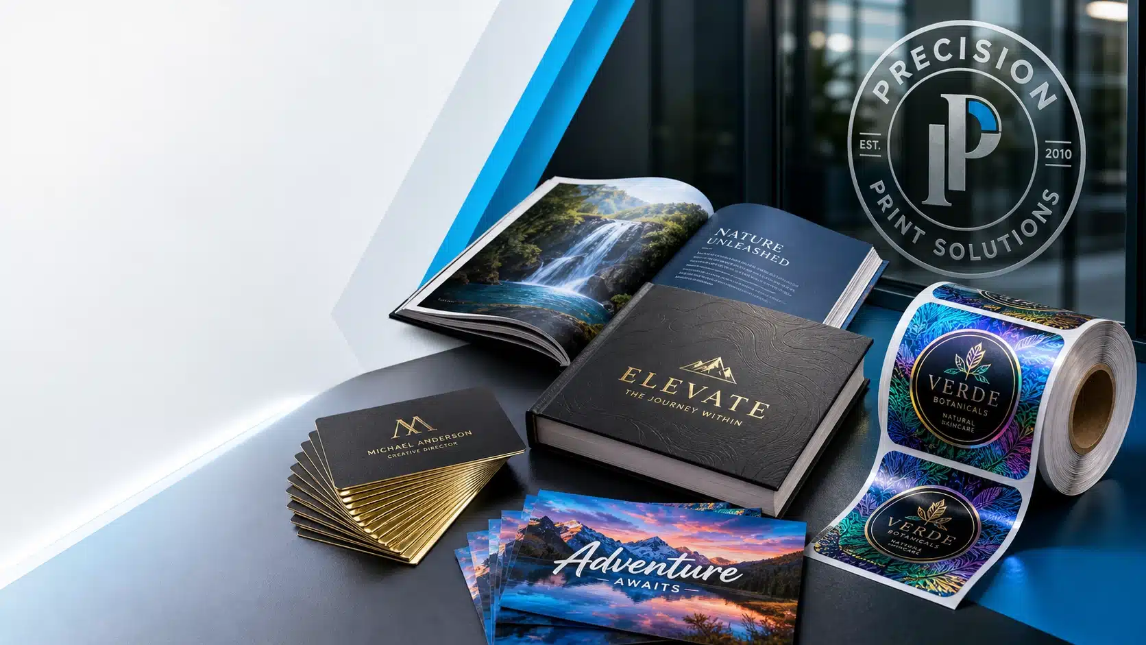 Printed Product Finishes and Multi-Process Production Showcase A selection of printed products with brochures, cards, foil finishes, and colorful labels illustrating multi-process printing.