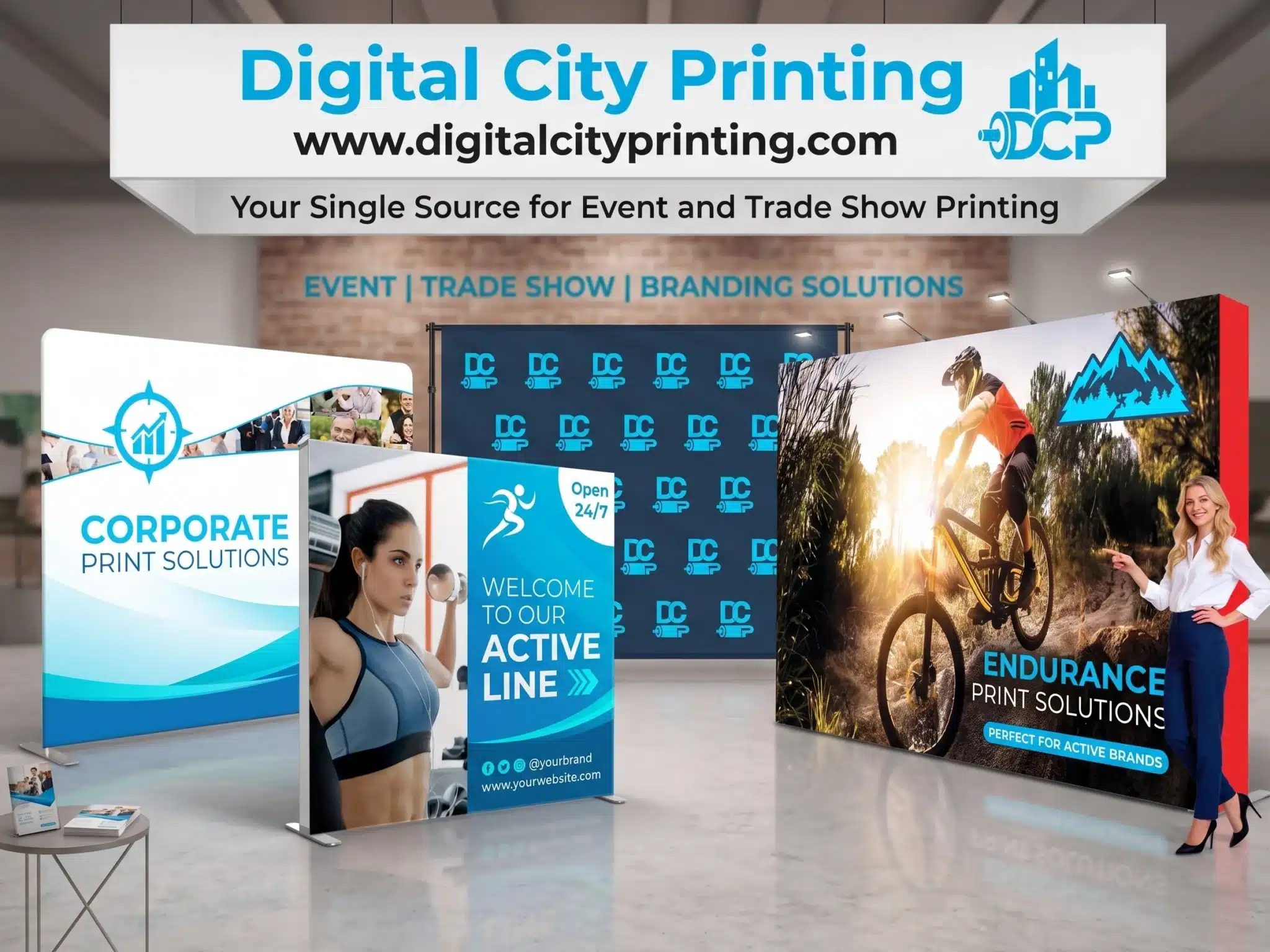 Digital City Printing displays portable trade show backdrop stands, branded panels, and corporate event graphics.
